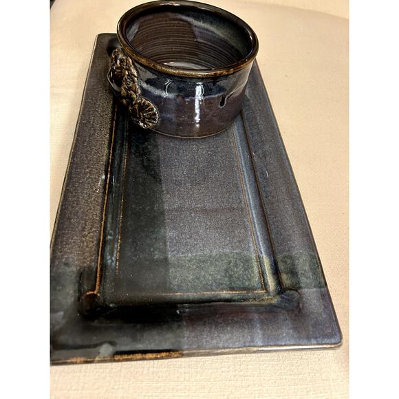 The poddery appetizer tray and  bowl pottery handmade blue - Picture 4 of 5